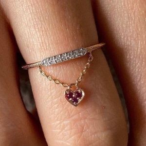 14K Yellow Gold Diamond and Ruby Dangling Heart Ring Size 5.5-6